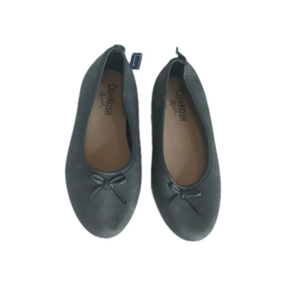 NWT Oshkosh Ballerina Flats Girls 1M Dress Sandals Bow Slip On Dark Grey NEW